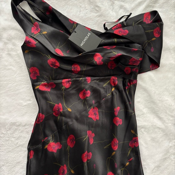 NICHOLAS Finley Silk Asymmetrical Draped Black Poppy Floral Midi Dress--4 - Picture 11 of 16